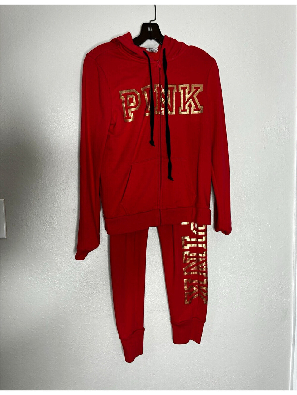 PINK Red 2-Piece Tracksuit Zip Hoodie & Jogger Pants Fleece Logo Size S